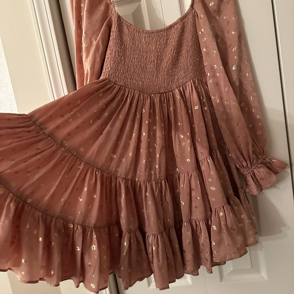 Mauve baby doll dress with gold accents size medium